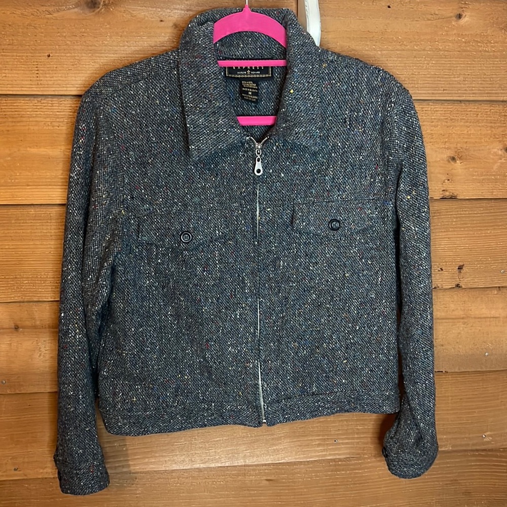 Express Vintage Moto Jacket Wool Pebble Zip Coat Y2k 90s Charcoal Crop pocket